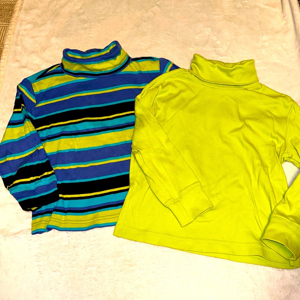 2 HANNA ANDERSSON TURTLENECK SHIRTS LIME & STRIPED EUC 110 5